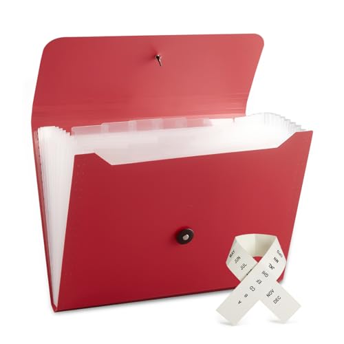 Nicfaec Expanding File Folder with 13 Pockets, Red, Polypropylene, 12.99" x 9.45" x 1.1" - color: 1pcs-red