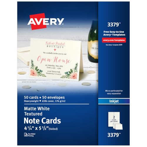 Avery Printable Note Cards, Envelopes Included, 4.25" x 5.5", Textured White, Inkjet Printer Compatible, 50 Blank Cards Total, Great for Product Branding, Marketing, and More (3379) - size: 4.25-Inch x 5.5-Inch