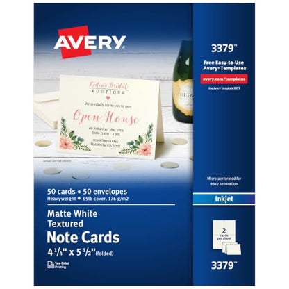 Avery Printable Note Cards, Envelopes Included, 4.25" x 5.5", Textured White, Inkjet Printer Compatible, 50 Blank Cards Total, Great for Product Branding, Marketing, and More (3379) - size: 4.25-Inch x 5.5-Inch