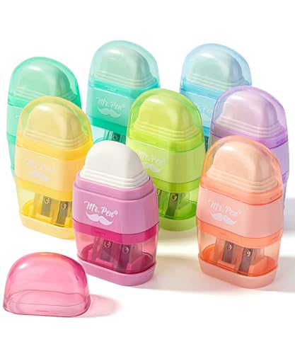 Mr. Pen- Pencil Sharpener & Eraser, 4 Pack | 2-in-1 Manual Sharpeners with Canister, 2 Sharpening Holes for Standard & Jumbo Pencils, Colorful Dual Hole Design for School - color: Pastel Colors, size: 8 Pack