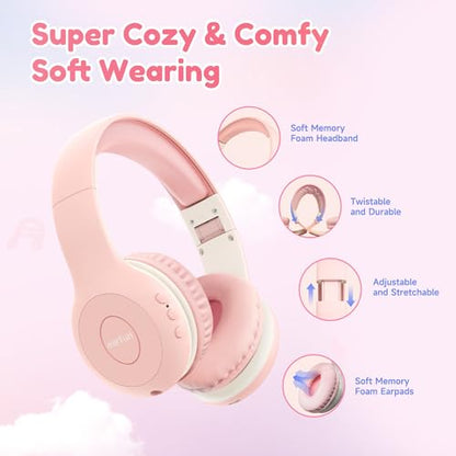 EarFun K2 Kids Bluetooth Headphones, Kids Headphones with Volume Limited, 40H Playtime, Built-in Mic, Stereo Sound, Foldable Over-Ear Headphone for School/Travel/iPad/Tablet, Pink - color: Pink
