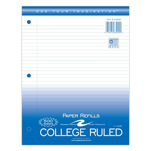 Roaring Spring Loose Leaf Paper, 500 Sheets, 8"x11" White 15# College Ruled Notebook Filler Paper With Margin, 3-hole Punched, Proudly Made in the USA (Pack of 1) - size: 11" x 8.5" (Pack of 1), style: Pack of 1