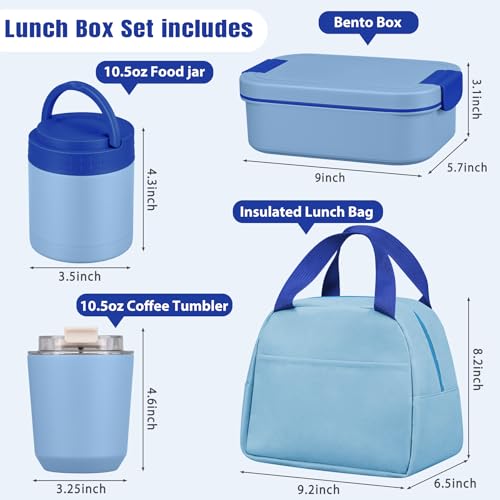 Large Bento Lunch Box Set for Adults Kids Women with 10.5oz Soup Thermo,Coffee Tumblers Men Girls Boys Teenagers Leak-Proof Lunch Food Containers with Lunch Bag - color: Blue