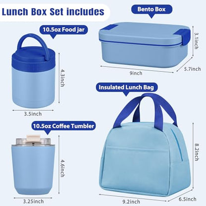 Large Bento Lunch Box Set for Adults Kids Women with 10.5oz Soup Thermo,Coffee Tumblers Men Girls Boys Teenagers Leak-Proof Lunch Food Containers with Lunch Bag - color: Blue