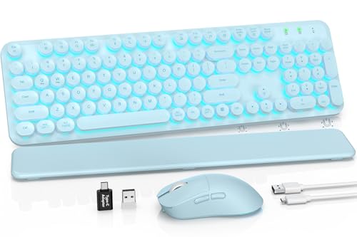 Wireless Keyboard and Mouse Combo, Backlit Round Keycaps, Retro Typewriter Keyboard with Detachable Wrist Rest, Rechargeable & Tilt Legs, 2.4GHz Cordless Connection for Windows/PC (Glowing Blue) - color: Glowing Blue
