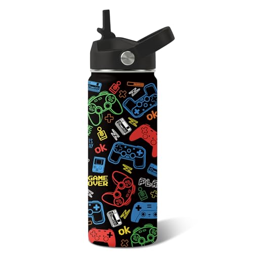 Game Gifts for Boys Girls - 18oz Water Bottle with Straw Lid, Gamer Insulated Bottle for Kids, Leak-proof, BPA-Free, Stainless Steel Water Bottles for School Travel, Game Lover Birthday Gifts Cup(1pc) - color: Game2, size: 18 Ounces