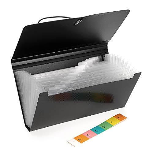 BTSKY Expanding File Folder - New 13 Pockets Handy Accordion File Organizer for Receipts Coupons Cards Tickets Tax Item File Storage Folder Check Bill Plastic Accordion Wallet Case(with Rope,Black)
