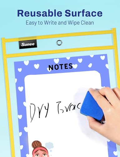 SUNEE 6 Packs Oversized Reusable Dry Erase Pocket Sleeves with Ring, Yellow 10x14 Ticket Holders, Clear Plastic Sheet Protectors, Teacher School Classroom Supplies - color: Yellow, style: 6 Pack