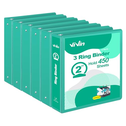 ViVin 2 Inch Round Ring View Binder for Durability, Standard 3 Ring Binder for 450 Sheets of US Letter Size Paper, PVC-Free, 6-Pack (Lake Green) - color: Lake Green, size: 2 Inch, style: 6 pack