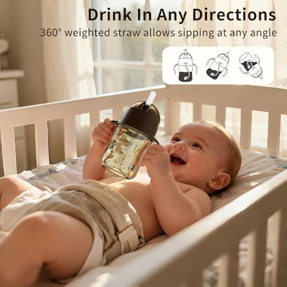 Evorie Tritan Weighted Straw Cup Baby Training Cup, Spill Proof, 7 Oz, 6M+ | BPA & BPS-Free, First learning cup, 360° drinking, Dishwasher safe, Durable Sippy Cup, Brown - color: Brown