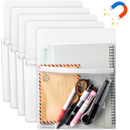 Henoyso 5 Pcs Magnetic File Holder Paper Holder Magnetic Pen Dry Erase Marker Organizer Fridge Pocket Organizer for Whiteboard Refrigerator, 12 x 9.5 in (White) - color: White