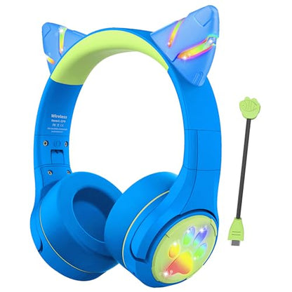 Riwbox CF9 Kids Bluetooth Headphones Cat Ear with LED Light Up,Safe 85dB Volume Limit,Built-in Mic&Boom Mic for Calls,Kids Wireless&Wired Headphones for Tablet/Airplane/School/Online Learning - color: Blue Green