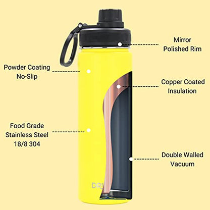DRINCO Stainless Steel Water Bottle Spout Lid Vacuum Insulated Double Wall Water Bottle Wide Mouth (40oz 32oz 22oz 18oz 14oz) Leak Proof Keeps Cold or Hot (22 oz, 22oz Illuminating Yellow) - color: 22oz Illuminating Yellow, size: 22 Ounces