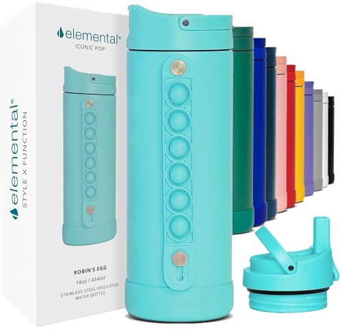 Elemental Iconic Kids Water Bottle for School - 100% Leak-Proof Insulated Water Bottles with Straw Lid & Pop-It Handle for Boys & Girls - Triple-Wall Insulated & BPA-Free, 14oz – Robin’s Egg - color: Robin's Egg, size: 14 Ounces