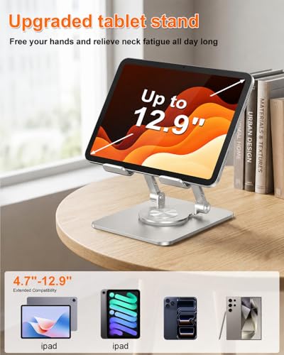 Tablet Stand for iPad, Aluminum iPad Stand for Desk | 360° Rotating, Compatible with 4.7-12.9" iPad, Foldable, for Tablet, Kindle, Galaxy Tab, Silver - color: Silver