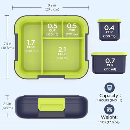 Caperci Bento Box for Kids Age 4-8 - Leak-Proof Toddler Lunch Box Container with 2 Modular Containers & 4-Compartment, Hold 4.8 Cups, Portable Handle, BPA-Free, Microwave/Dishwasher Safe (Dinosaur) - color: Dinosaur