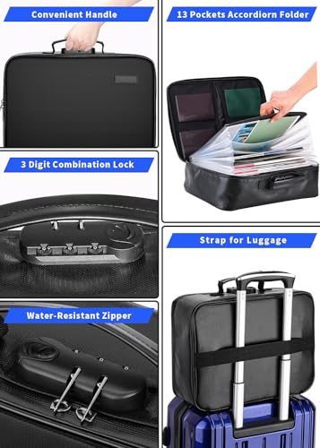 TOPCJ Fireproof Document Box with Lock,Waterproof Document Organizer with Zipper,Heat Insulated Accordion File Organizer,Portable File Box for Important Documents,Files,13 Pockets - style: Luxurious