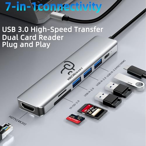 USB C Hub 7 in 1 Adapter, 4K HDMI, 100W PD, 3 USB-A, SD/TF Card Reader, USB C Docking Station for MacBook Pro/Air, Dell XPS, HP, Lenovo Thinkpad, ASUS
