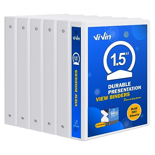 3 Ring Binder 1-1/2 Inch, ViVin Sturdy 1.5"-Round Ring Binder with 2 Interior Pockets, Clear View Cover, PVC-Free, Fits 300 Sheets of 8.5'' x 11'' Paper, Office Home School (6 Pack, White) - color: White, size: 1.5 Inch, style: 6 Pack