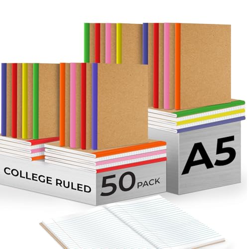 Rosmonde Bulk Kraft Journals, A5, 50 Pack, College Ruled, 60 Sheets | Bulk Composition Notebooks Lined, College Ruled, 8 x 5.7, 120 Pages, No-Bleed Paper, Kraft Composition Notebook for School - size: 50 Bulk Value Pack, style: Kraft Cover