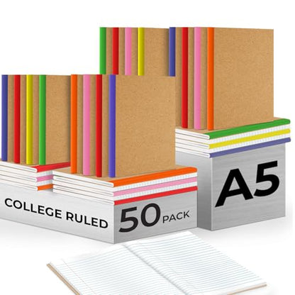 Rosmonde Bulk Kraft Journals, A5, 50 Pack, College Ruled, 60 Sheets | Bulk Composition Notebooks Lined, College Ruled, 8 x 5.7, 120 Pages, No-Bleed Paper, Kraft Composition Notebook for School - size: 50 Bulk Value Pack, style: Kraft Cover