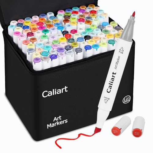 Caliart 121 Colors Alcohol Based Markers, Dual Tip Art Marker Set Chisel & Fine, Permanent Colored Pens for Adults Coloring Book Artists Sketch Illustration Drawing Supplies Gifts | Permanent Colored Pens with Case for Beginners Artists Adults Coloring Bo