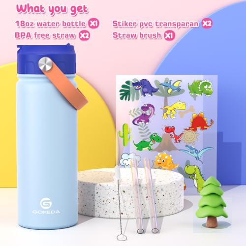 GoKEDA 18oz Kids Water Bottle, Stainless Steel Straw Cup | DIY Stickers, BPA-Free, 316 Stainless Steel, Keeps Cold 24h, Leak-proof, Dust-Proof Lid, Sturdy, School, Gifts - color: Light Blue
