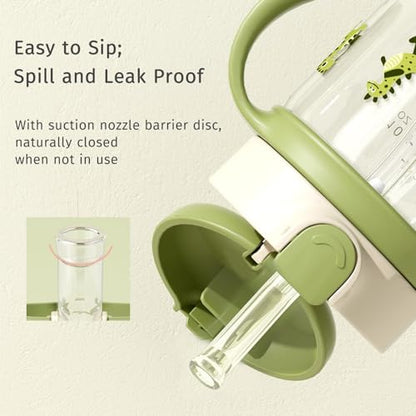 Evorie Tritan Spill Proof Toddler Straw Sippy Cup, 10 oz for Baby and Toddlers 1-3 Years Old, No Spill Straw Water Bottle with Removable Handles, Ideal for School, BPA-Free, Green Dino (New) - color: Green Dino