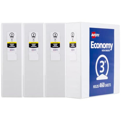 Avery Standard View 3 Ring Binders, 3" Round Rings, 460-Sheet Capacity, 3.5 Inch Wide Spine, White Binders, Ideal for Lightweight Organization and Occasional Referencing (4-Pack of 03360) - size: 3"