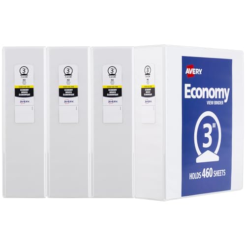 Avery Standard View 3 Ring Binders, 3" Round Rings, 460-Sheet Capacity, 3.5 Inch Wide Spine, White Binders, Ideal for Lightweight Organization and Occasional Referencing (4-Pack of 03360) - size: 3"
