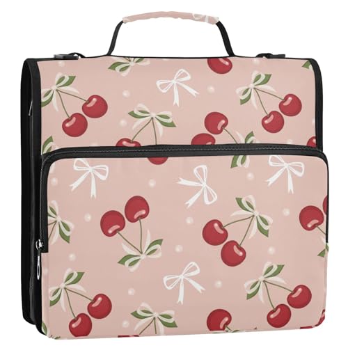 Cherries Bows Pink Pattern 3 Ring Zipper Binder with Shoulder Strap & Handle 1.5 Inch D-Ring Zippered Bag with Pencil Pouch, Expanding File Folder, Binder Organizer for School or Office - color: Cherries Bows Red Pink