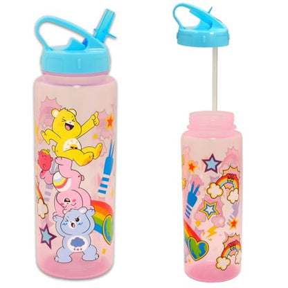 Care Bears Reusable Water Bottle Set - Bundle Plastic 30oz Water Bottle with Spout for Home, School, Sports, Plus Sticker, More Container