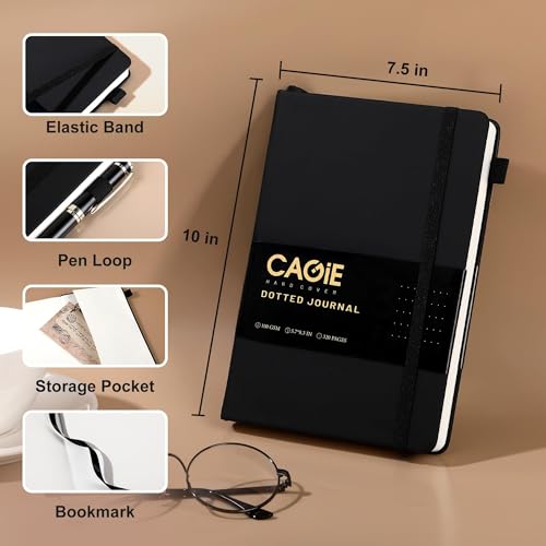 CAGIE Bullet Dotted Journal Notebook 320 Pages 100 GSM Paper Hardcover B5 Dot Grid Notebook Leather Journals for Writing Women Men Work Journaling, Black - color: Black, style: Dotted B5