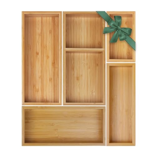 MapleGrace Bamboo Drawer Organizer Set, Individual Wood Storage Organizers | 5 PCS Multi-Use Junk Drawer Divider, Storage Trays Containers for Kitchen, Bathroom, Office Desk, Makeup, Jewelry, Utensils - size: 5