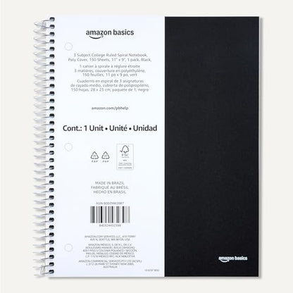 Amazon Basics College-Ruled 3-Subject Spiral Notebook, 150 Sheets, 8.5 x 11 inches, Black - color: Black, style: College Ruled 150 Sheets