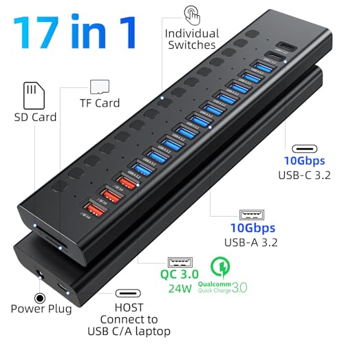 VANGREE Powered USB Hub 10Gbps, 17 Ports USB 3.2 Hub, 96W Power Adapter | 10 USB-A 3.2, 3 QC 24W Fast Charging, 2 USB-C 3.2, SD/TF, 12V/8A Power Adapter for Laptop, PC, Computer, HDD, Flash Drive - color: Black