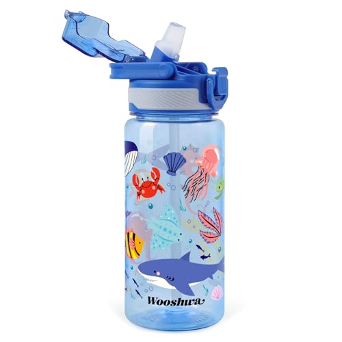 Kids Water Bottle for School, 20 Oz Plastic Straw Water Bottle with Silicone Spout and Leakproof Cover, Dishwasher Safe (Marine Animals) - color: Marine Animals, size: 20 Ounces