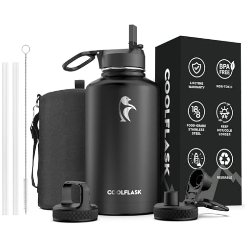 64 oz Water Bottle Insulated with Straw & 3 Lids, Coolflask Large Metal Stainless Steel Water Jug Big Half Gallon Wide Mouth for Sports, Gym or Hiking, Non-BPA Keep Cold 48H Hot 24H, Magic Black - color: Magic Black, size: 64 Ounces