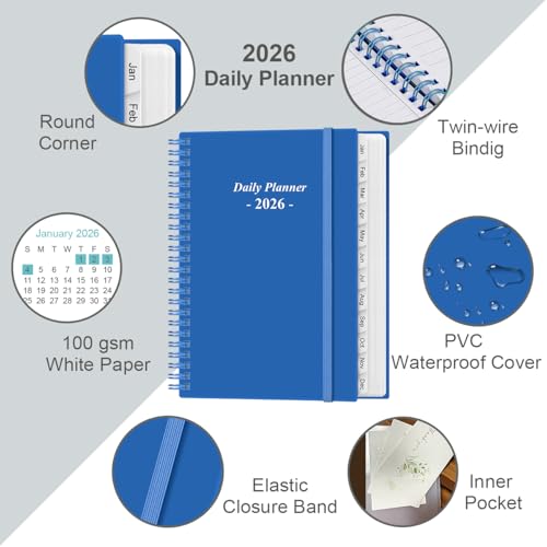 Daily Planner 2026 Full Page Per Day- 2026 Daily & Monthly Planner from January 2026 to December 2026, Day Planner 2026 with 12 Months Tabs, 6.4" x 8,5", Blue - color: Blue, size: 6.4" x 8.5"