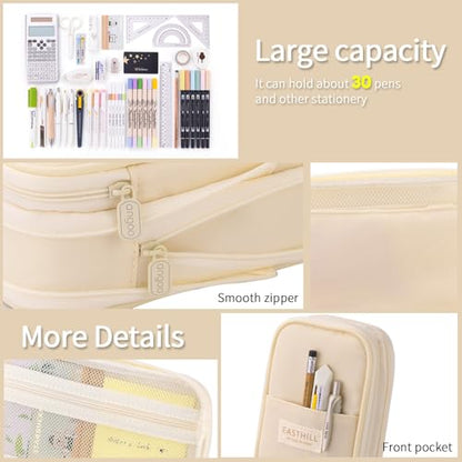 EASTHILL Big Capacity Pencil Case Large Pencil Pouch Stationery Pen Bag for Teen Girls-Cream - color: Cream