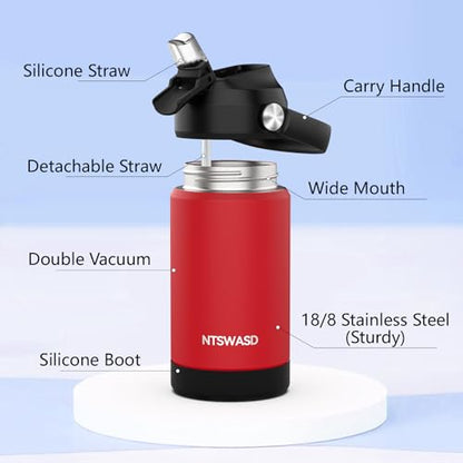 Kids Insulated Water Bottle with Straw,12 oz Kids Cups with Stainless Steel Leak Proof for School Daycare Boys Girls(Red) - color: A14.Red, style: 1Pack