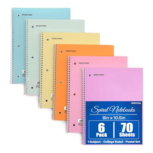 Mintra Office Spiral Notebooks, Wirebound, Journals for School, Work, Business, Aesthetic Stationery, Writing Pads, Teacher & Student Supplies (6, Pastel, College) - color: Pastel - College Ruled, size: 6PK