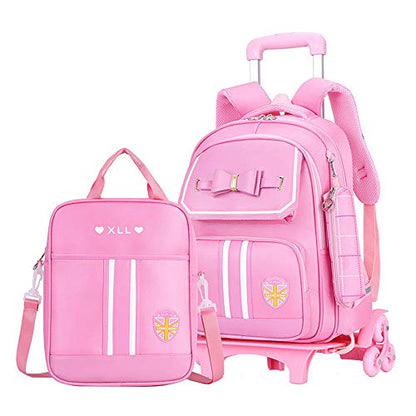 Rolling Backpack for Girls Cute Trolley Bags Primary School Bookbags with Wheels Kids Carry-On Wheeled Backpack with Lunch Bag - color: Girl Pink 6 Wheels, style: 6 Wheels Trolley + Backpack Sets