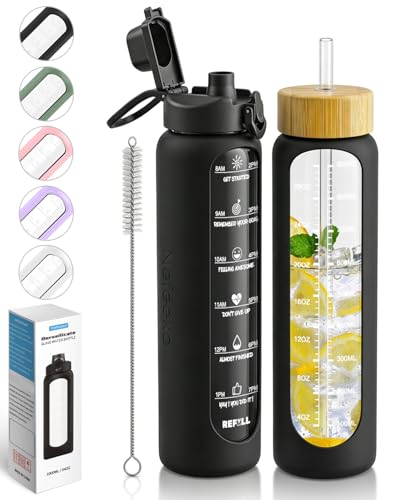 Nefeeko 32 oz Glass Water Bottles with Straw, Time Marker, Motivational 1 Liter BPA FREE Leakproof Reusable Glass Water Bottle with Silicone Sleeve, Bamboo, Spout Lid - color: Black