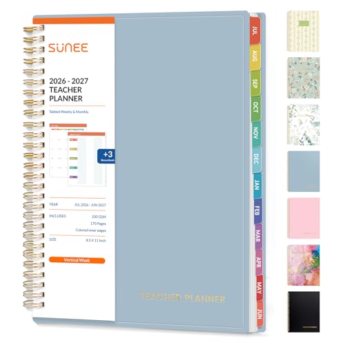 SUNEE Teacher Planner 2026-2027 Academic Year, Lite Lesson Planner Book with 7 Periods Jul 2026 - Jun 2027, 8.5"x11" Daily Weekly and Monthly Organizers, Plan Book with Pocket Folder, Color Tabs,Blue - color: Blue