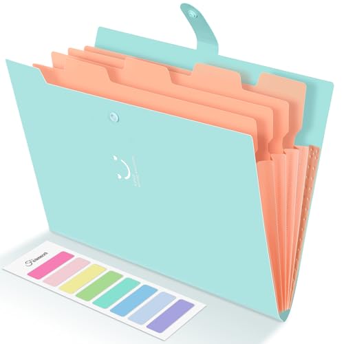 Forvencer Accordion File Organizer, Letter Size, 5 Pocket Expanding File Folder, Cute File Folder with Labels, Portable File Organizer for School Office Supplies, Folders for Documents, Jade - color: Jade, style: 5 Pockets