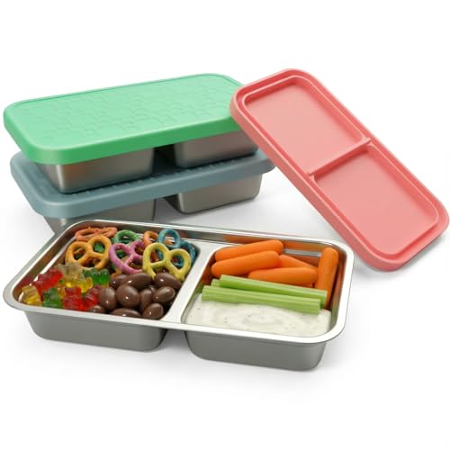 3 Pack 15oz Stainless Steel Snack Containers for Kids, Reusable Metal Snack Containers with Silicone lids, Leak Proof 2 Compartment Stackable Metal Toddler Lunch Box for Daycare, School
