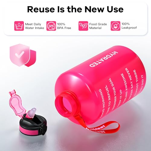 WEMEET Motivational Gallon Water Bottle, BPA Free, Large Sport Water Jug with Handle & Straw, for Fitness, Outdoor, Gym, Travel, Camping, Office (Pink) - color: Pink