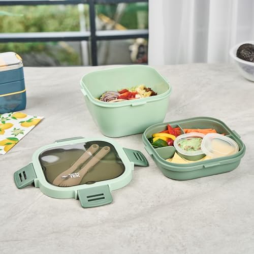 Restaurantware-Bento Tek 57.5 Ounce Bento Box, 1 Reusable Lunch Container - With Fork And Knife, Does Not Contain BPA, Green Plastic Reusable Lunch Box, Microwavable, Dishwashable - size: 1 Count, style: 58 oz - Green