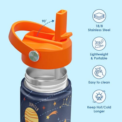 Kid Water Bottle 12oz with Straw Lid - 2-Pack Insulated Stainless Steel Water Bottles for Kids Girls - Travel Cup for Back to School Sports Christmas Birthday (Solar System & Dinosaur) - color: Dinosaur + Solar System